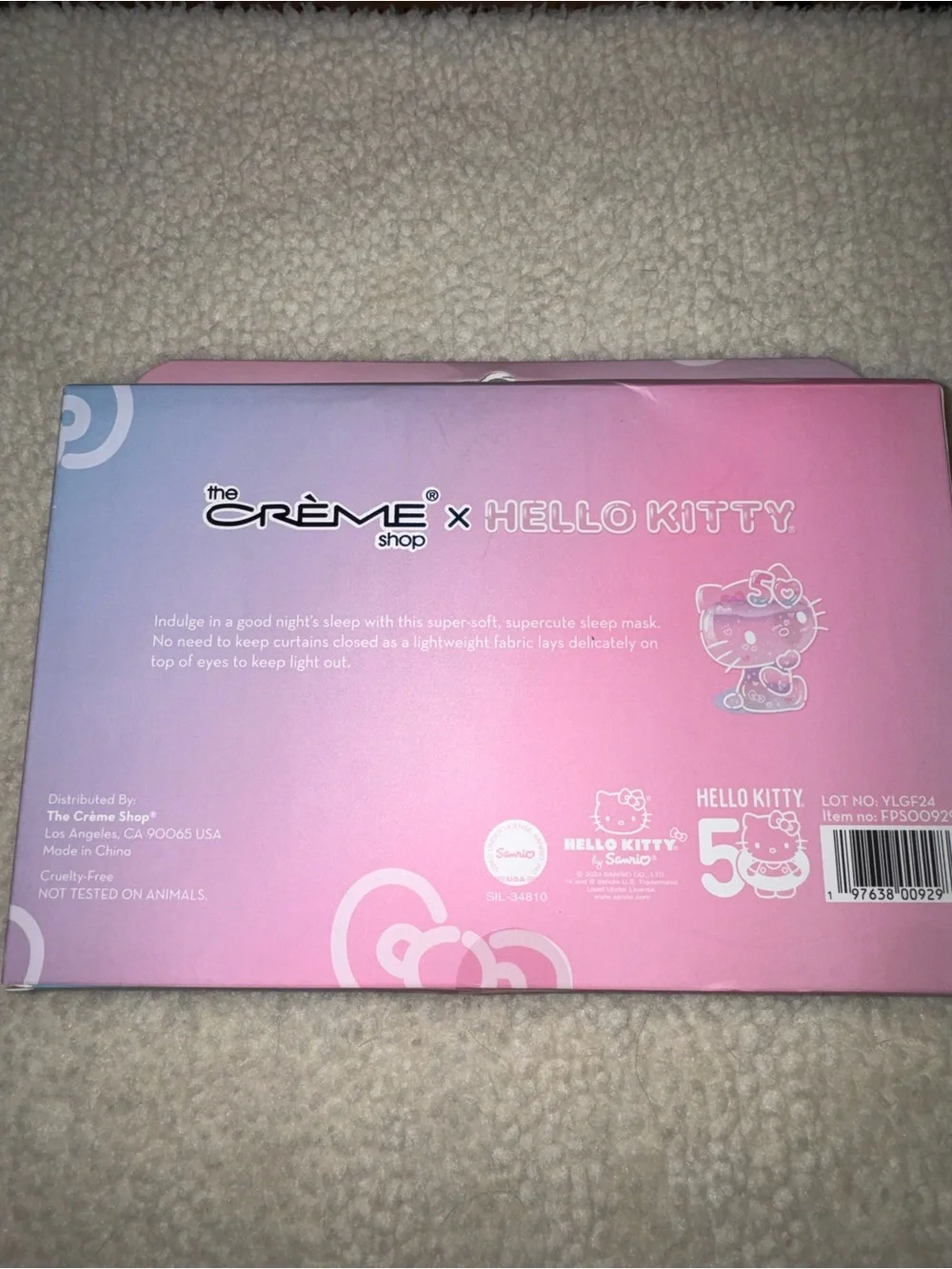 Sanrio Hello Kitty Plush Lavender/Pink Eye Mask Limited Edition 50 Anniversary